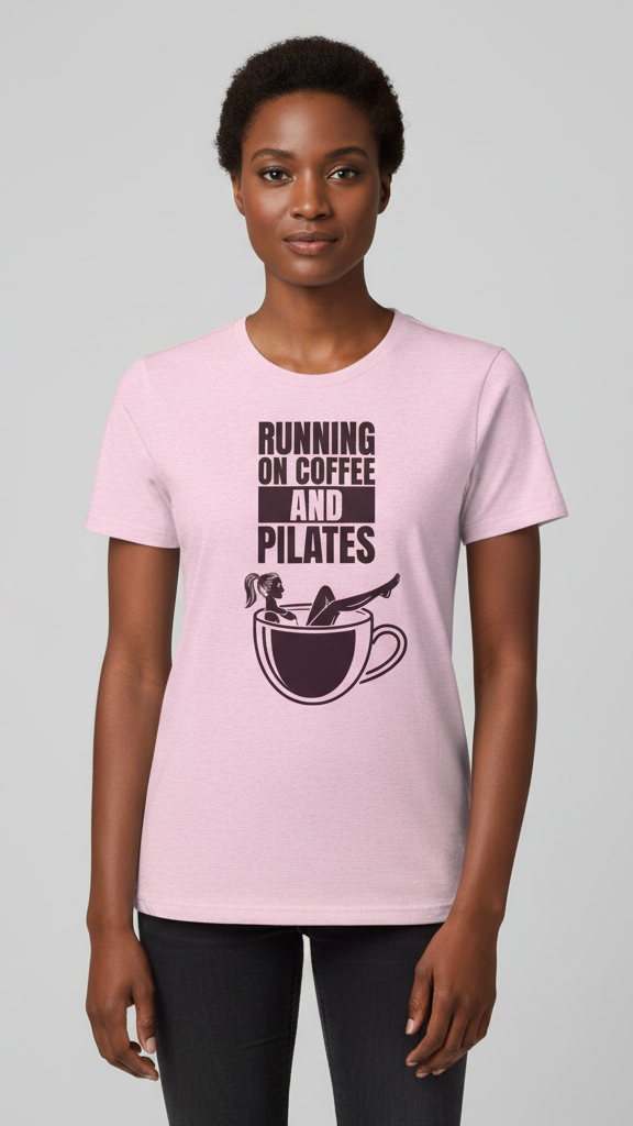 "Running On Coffee And Pilates" Whimsical Illustration T-shirt