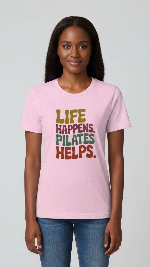 "Life Happens. Pilates Helps." Groovy Pastel T-shirt