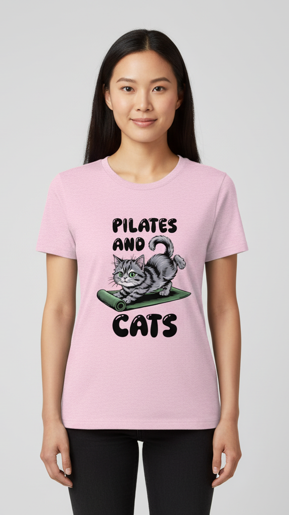 "Pilates And Cats" Whimsical Cat Graphic T-shirt