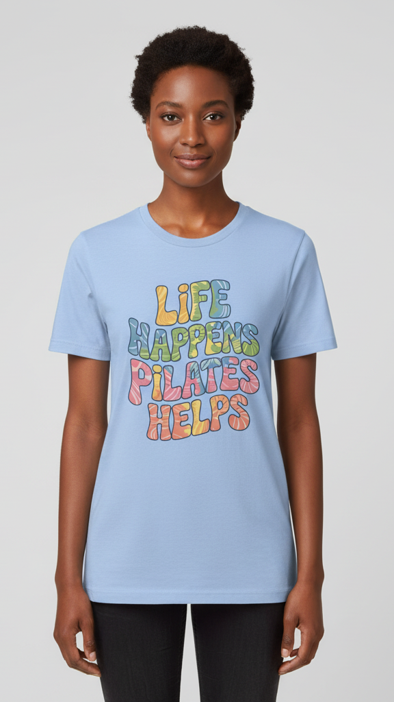 "Life Happens. Pilates Helps." Wavy Pastel T-shirt