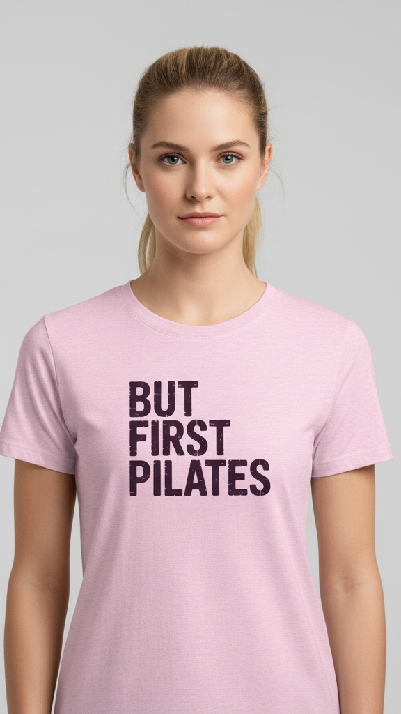 "But First Pilates" Distressed Block T-shirt