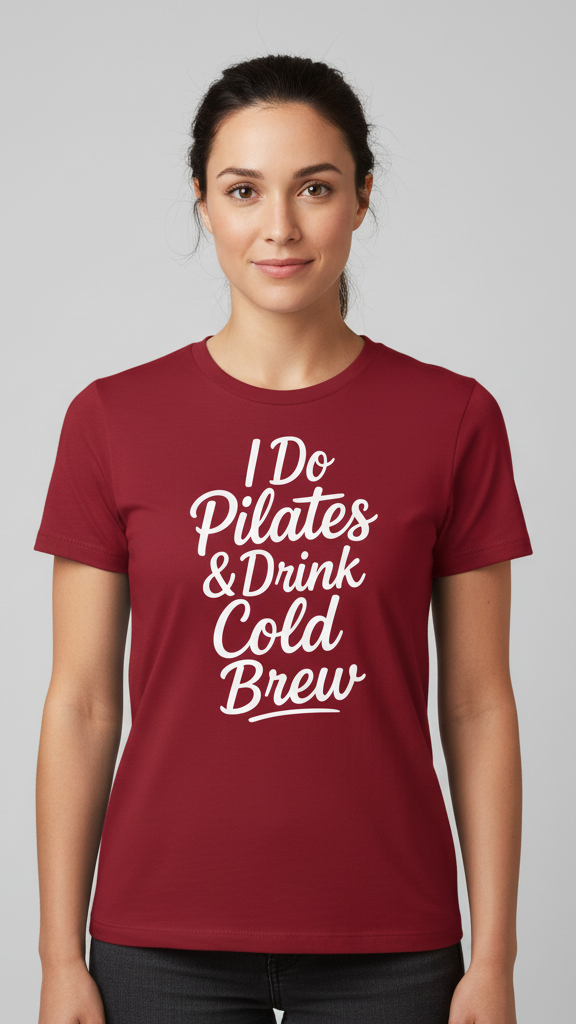 "I Do Pilates & Drink Cold Brew" Flowing Script T-shirt