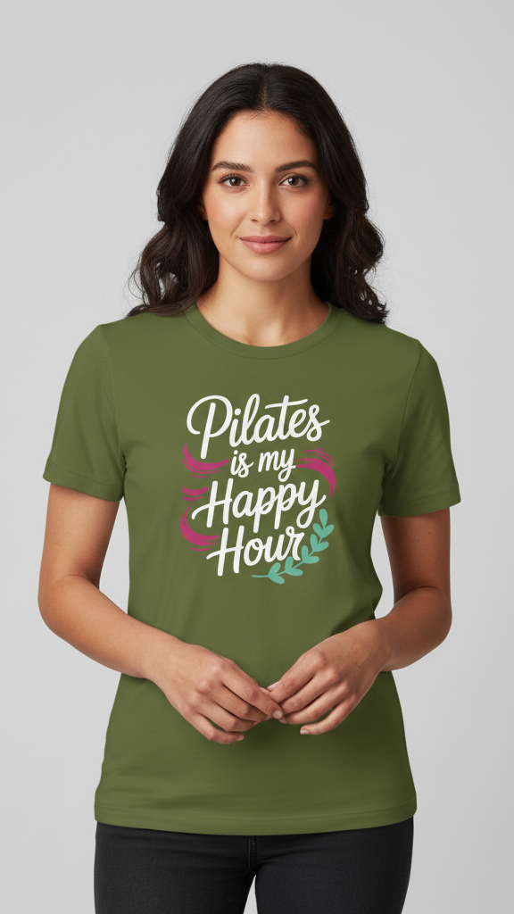 "Pilates Is My Happy Hour" Whimsical Brushstroke T-shirt