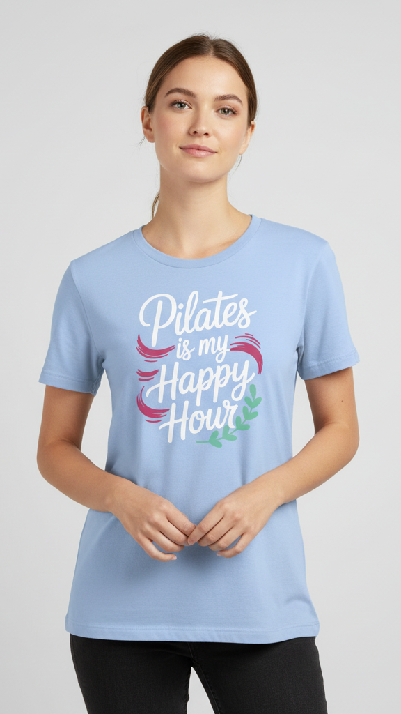 "Pilates Is My Happy Hour" Whimsical Brushstroke T-shirt