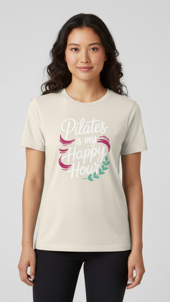 "Pilates Is My Happy Hour" Whimsical Brushstroke T-shirt