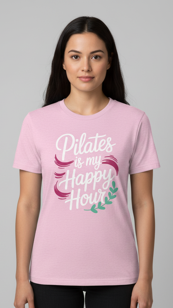 "Pilates Is My Happy Hour" Whimsical Brushstroke T-shirt