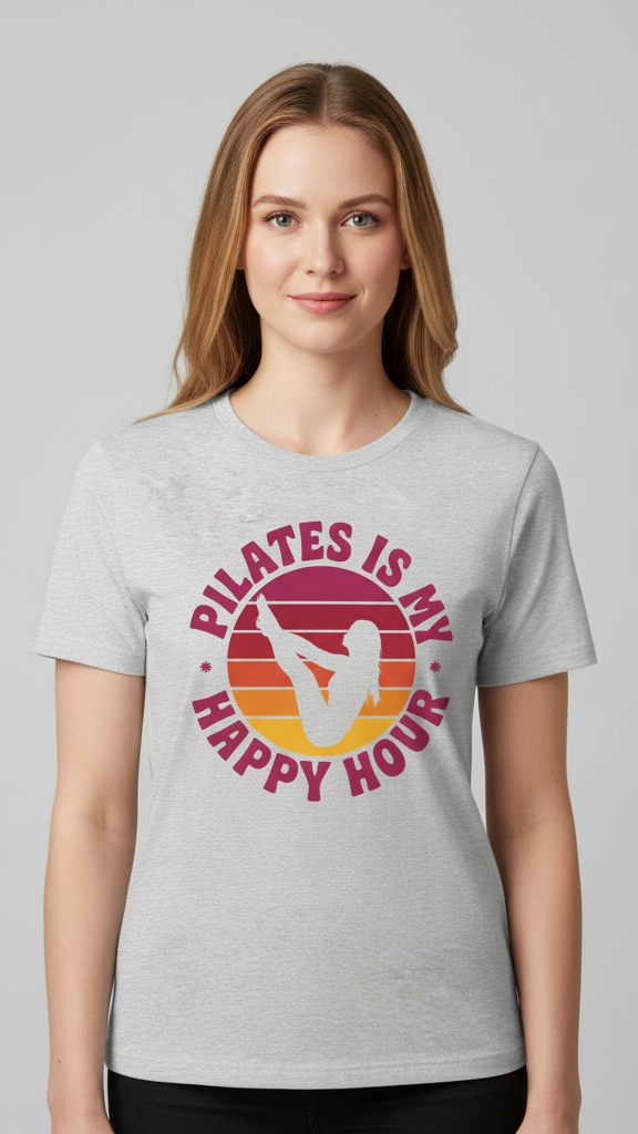 "Pilates Is My Happy Hour" Retro Sunset T-shirt