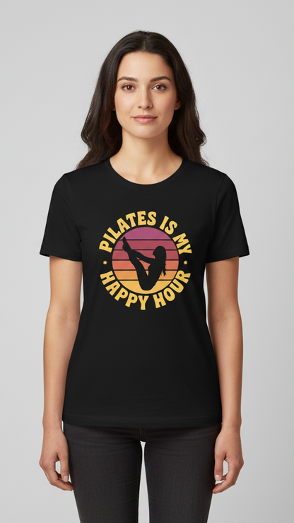 "Pilates Is My Happy Hour" Retro Sunset T-shirt