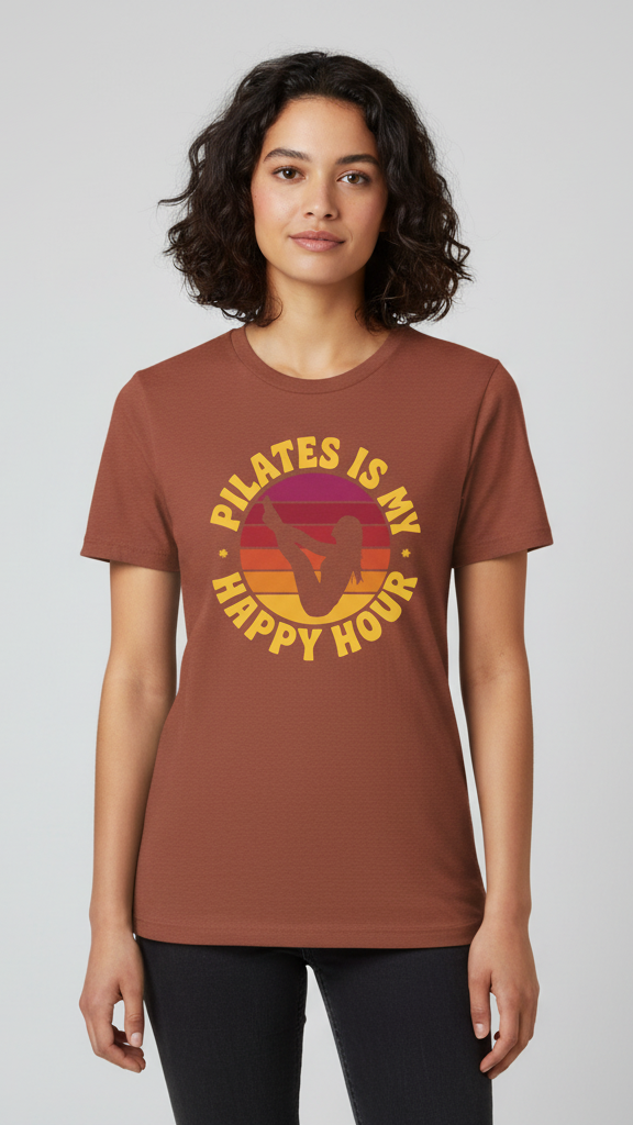 "Pilates Is My Happy Hour" Retro Sunset T-shirt