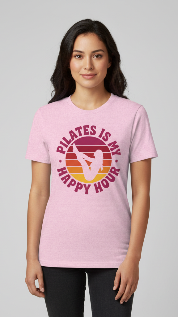 "Pilates Is My Happy Hour" Retro Sunset T-shirt