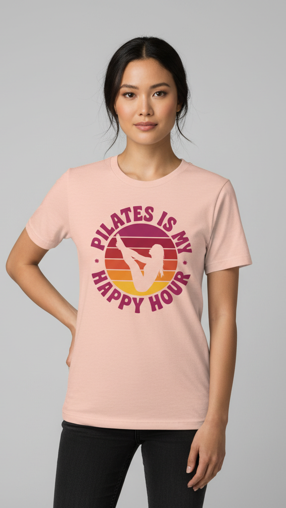 "Pilates Is My Happy Hour" Retro Sunset T-shirt