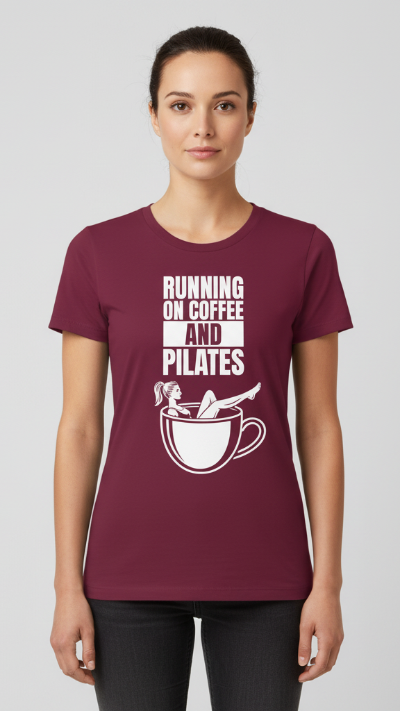 "Running On Coffee And Pilates" Whimsical Illustration T-shirt