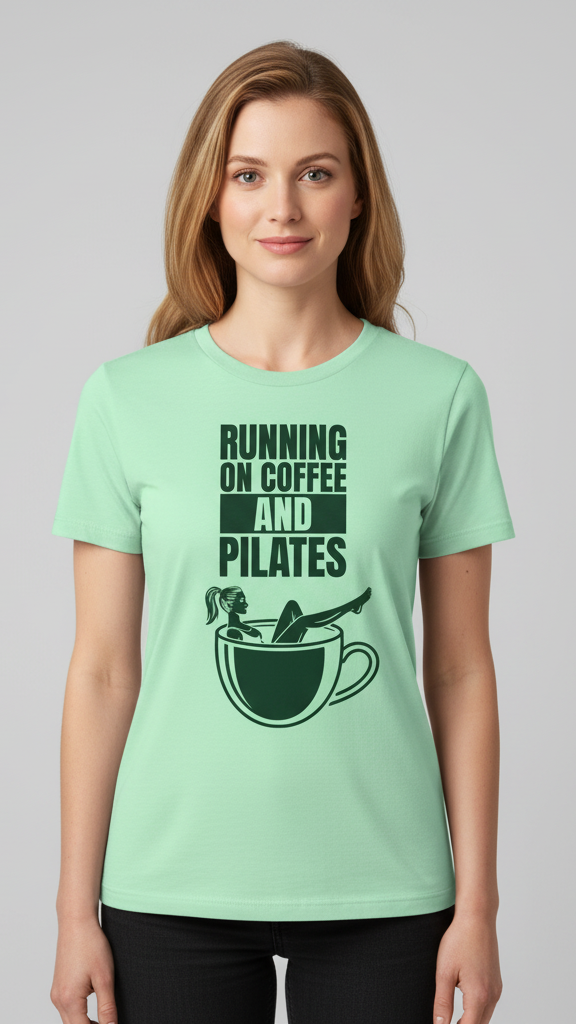 "Running On Coffee And Pilates" Whimsical Illustration T-shirt