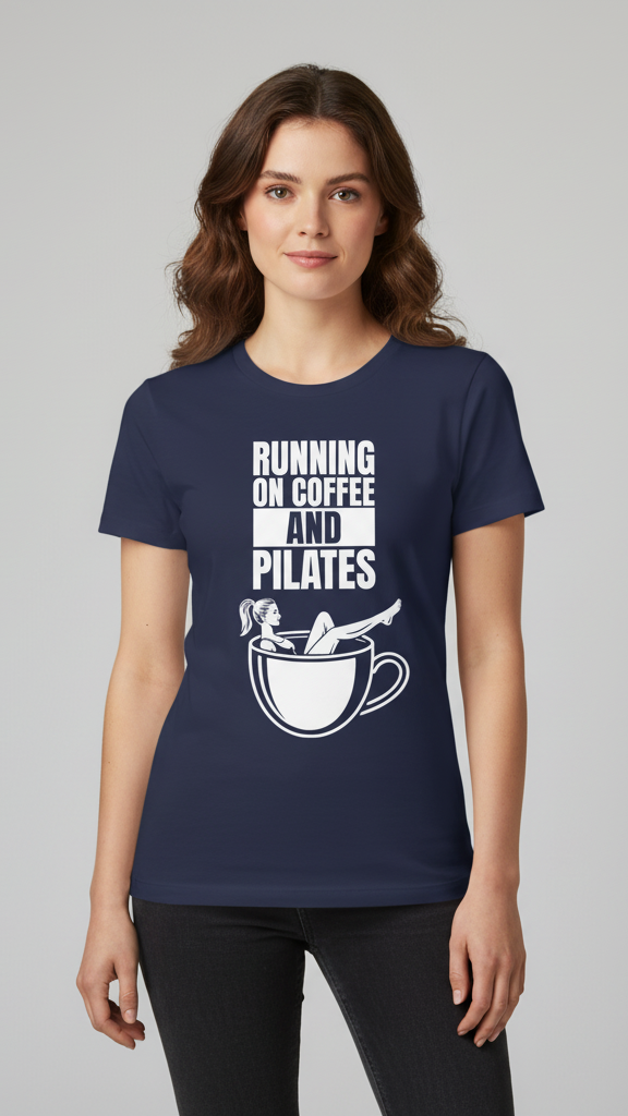 "Running On Coffee And Pilates" Whimsical Illustration T-shirt