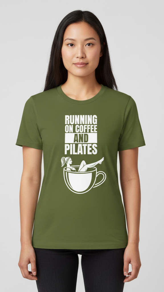 "Running On Coffee And Pilates" Whimsical Illustration T-shirt