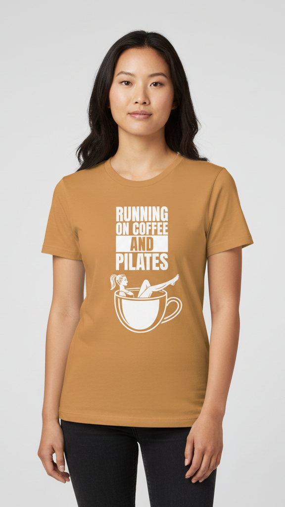 "Running On Coffee And Pilates" Whimsical Illustration T-shirt