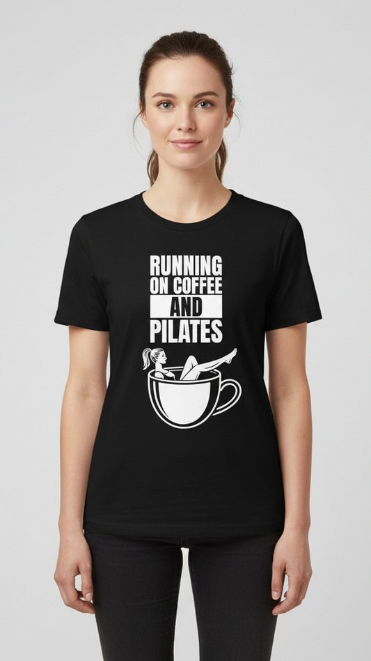 "Running On Coffee And Pilates" Whimsical Illustration T-shirt