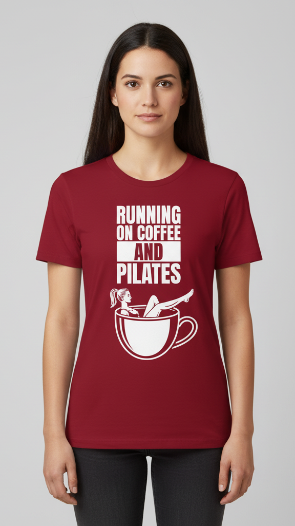 "Running On Coffee And Pilates" Whimsical Illustration T-shirt
