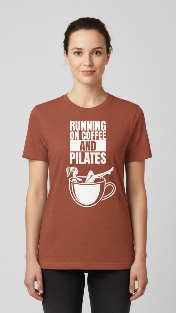 "Running On Coffee And Pilates" Whimsical Illustration T-shirt