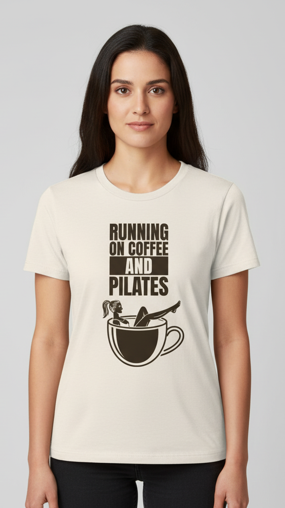"Running On Coffee And Pilates" Whimsical Illustration T-shirt