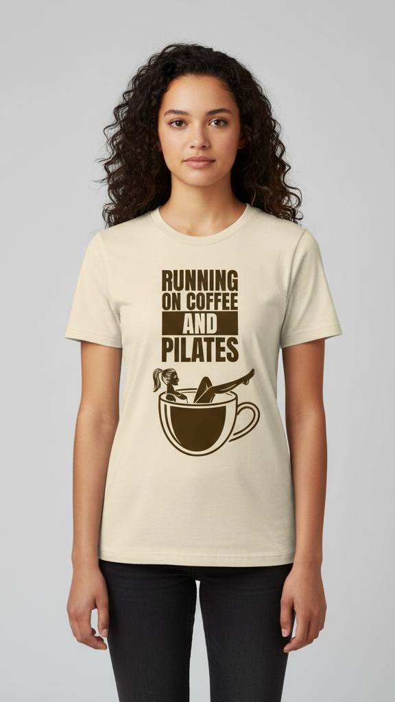 "Running On Coffee And Pilates" Whimsical Illustration T-shirt