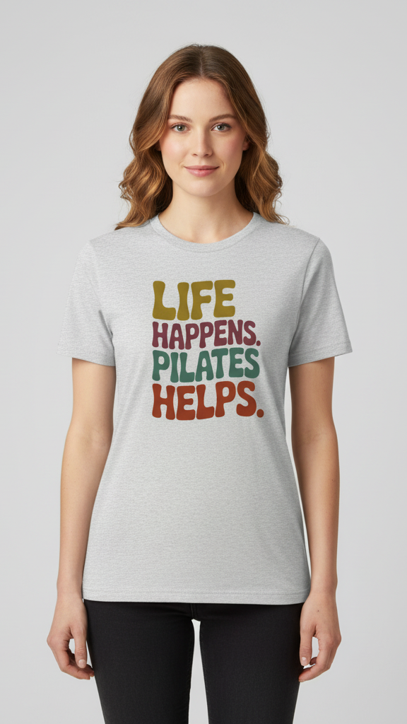 "Life Happens. Pilates Helps." Groovy Pastel T-shirt
