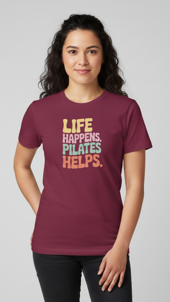 "Life Happens. Pilates Helps." Groovy Pastel T-shirt