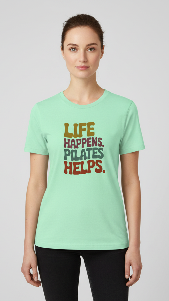 "Life Happens. Pilates Helps." Groovy Pastel T-shirt
