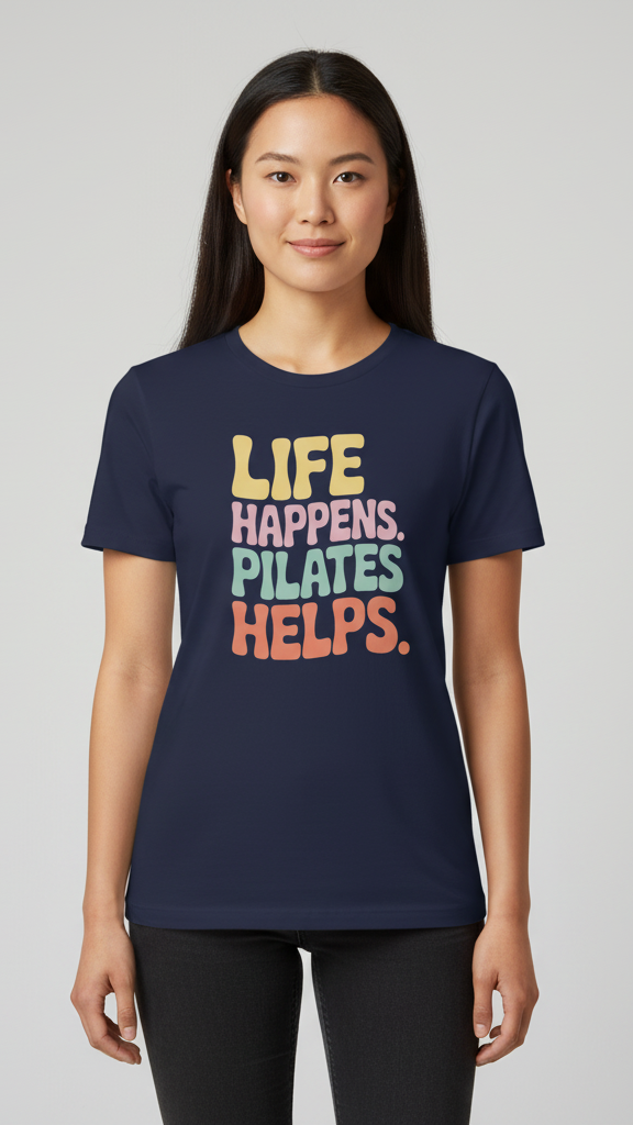 "Life Happens. Pilates Helps." Groovy Pastel T-shirt