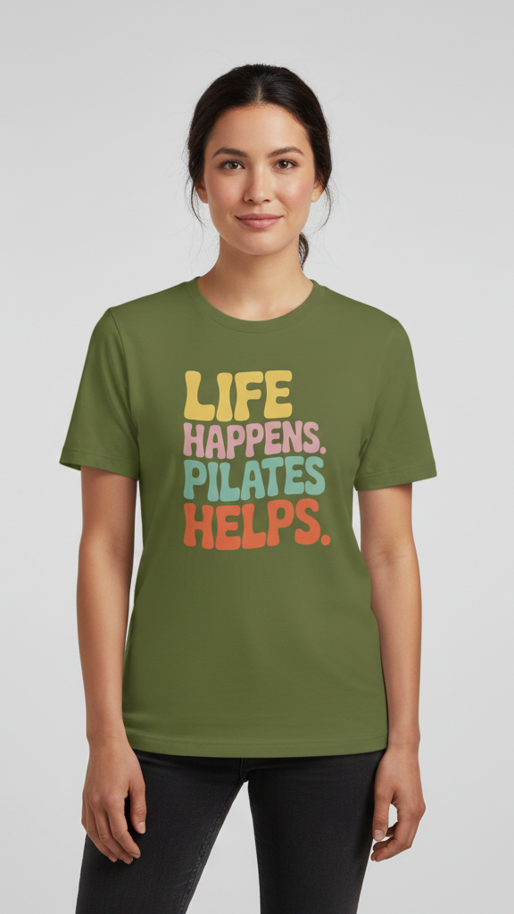 "Life Happens. Pilates Helps." Groovy Pastel T-shirt