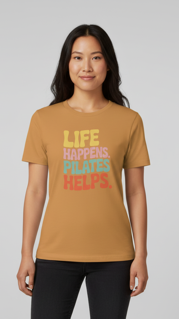 "Life Happens. Pilates Helps." Groovy Pastel T-shirt