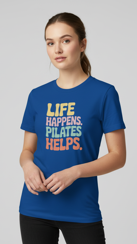 "Life Happens. Pilates Helps." Groovy Pastel T-shirt