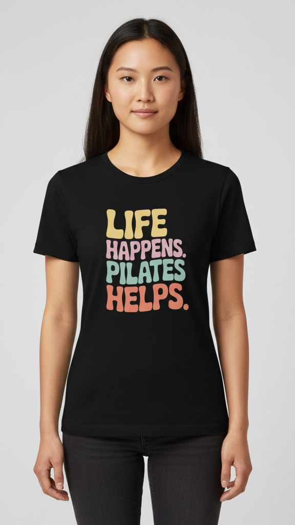 "Life Happens. Pilates Helps." Groovy Pastel T-shirt