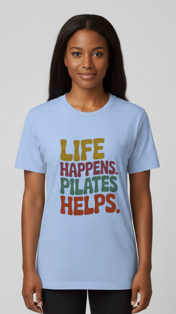 "Life Happens. Pilates Helps." Groovy Pastel T-shirt