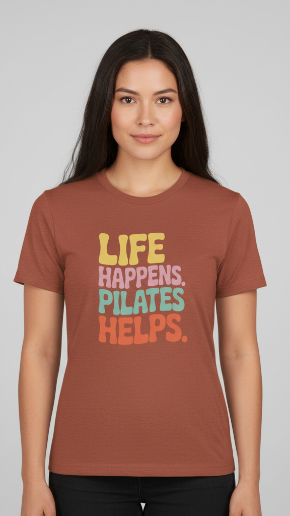 "Life Happens. Pilates Helps." Groovy Pastel T-shirt