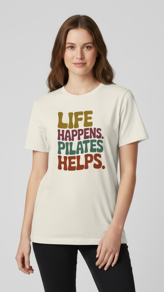 "Life Happens. Pilates Helps." Groovy Pastel T-shirt