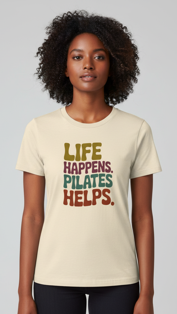 "Life Happens. Pilates Helps." Groovy Pastel T-shirt