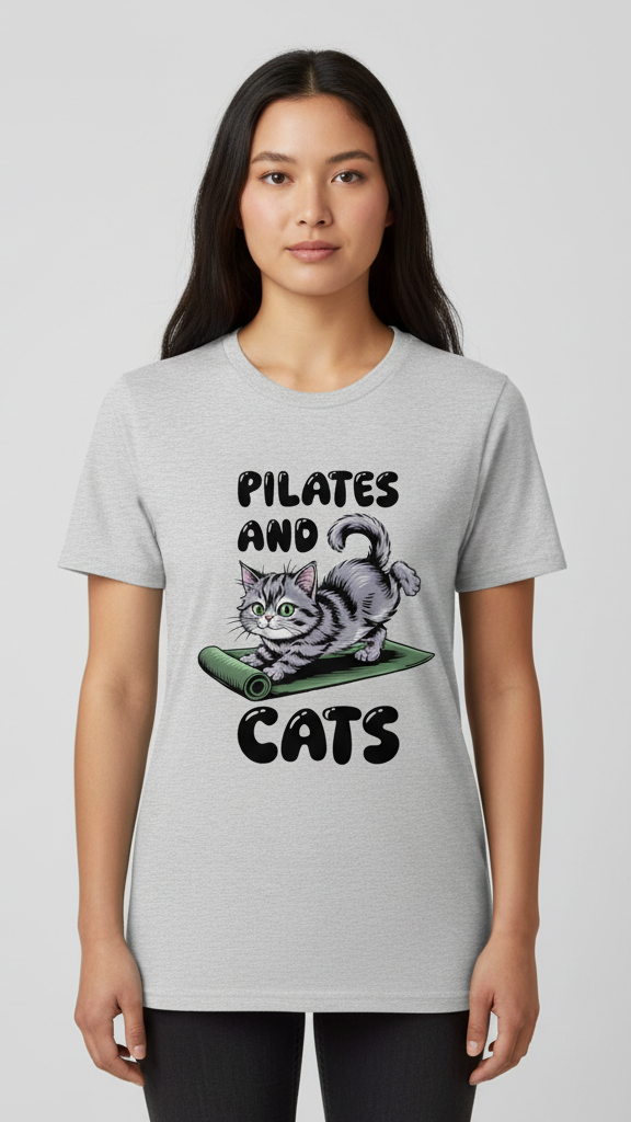 "Pilates And Cats" Whimsical Cat Graphic T-shirt