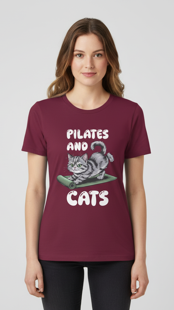 "Pilates And Cats" Whimsical Cat Graphic T-shirt