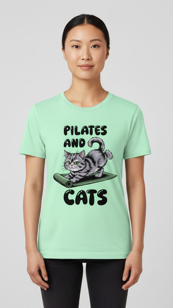"Pilates And Cats" Whimsical Cat Graphic T-shirt
