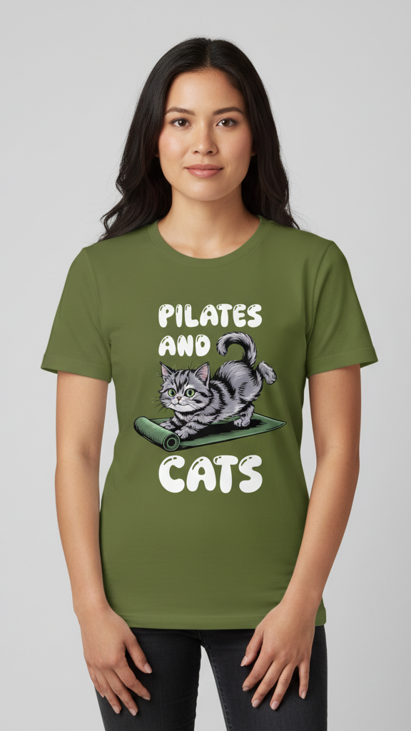 "Pilates And Cats" Whimsical Cat Graphic T-shirt