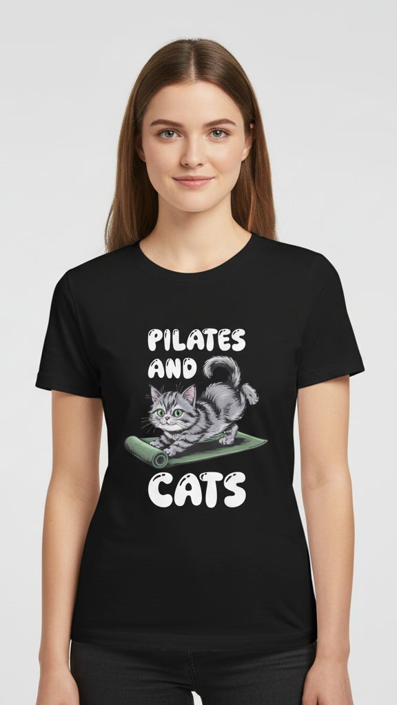 "Pilates And Cats" Whimsical Cat Graphic T-shirt