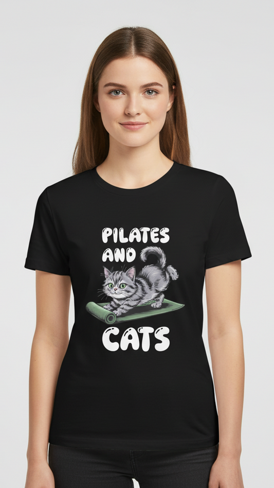 "Pilates And Cats" Whimsical Cat Graphic T-shirt