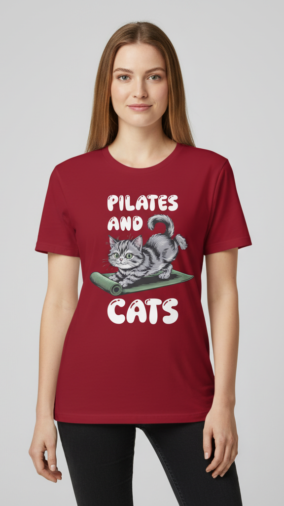 "Pilates And Cats" Whimsical Cat Graphic T-shirt
