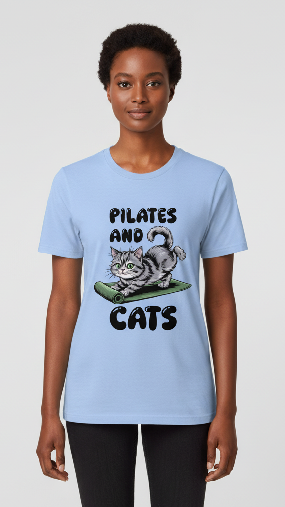 "Pilates And Cats" Whimsical Cat Graphic T-shirt
