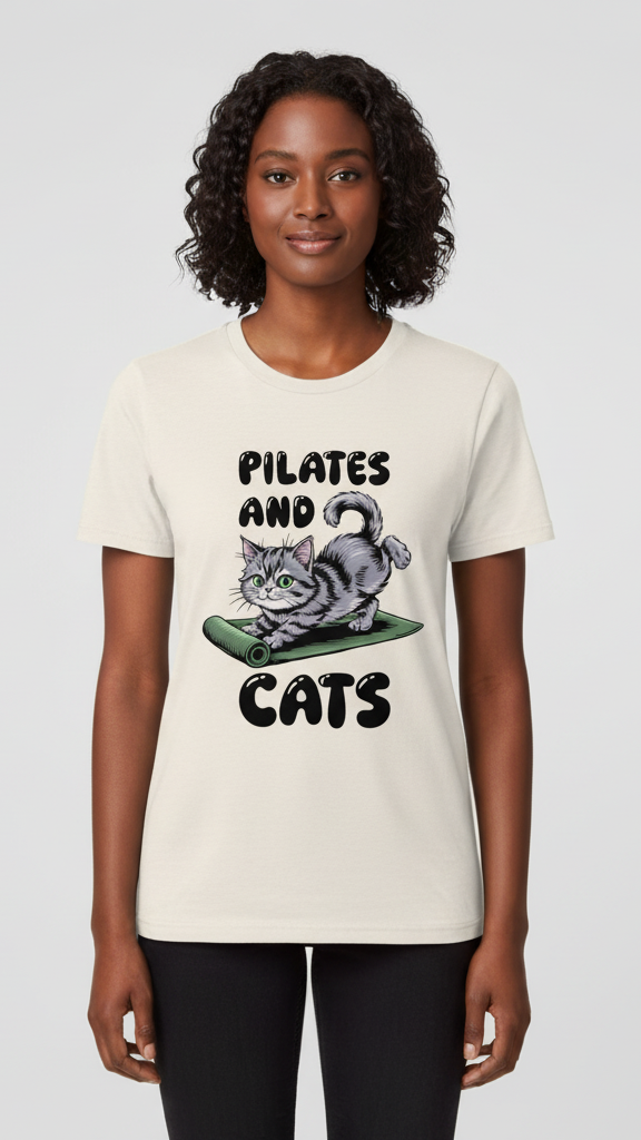"Pilates And Cats" Whimsical Cat Graphic T-shirt