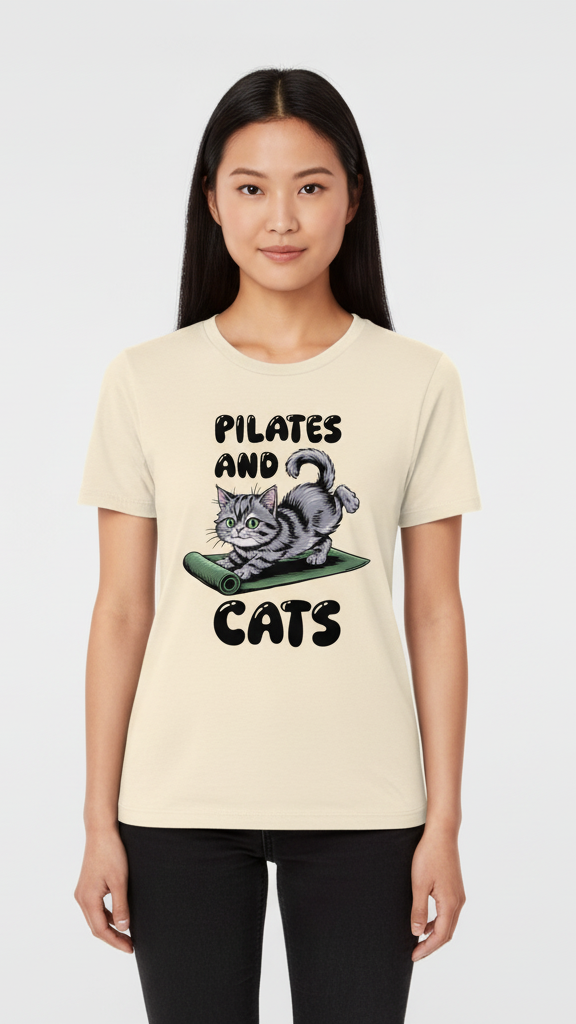 "Pilates And Cats" Whimsical Cat Graphic T-shirt
