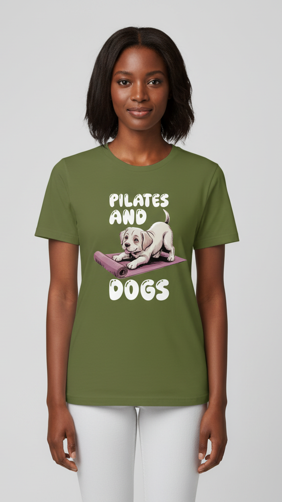"Pilates And Dogs" Whimsical Puppy Graphic T-shirt