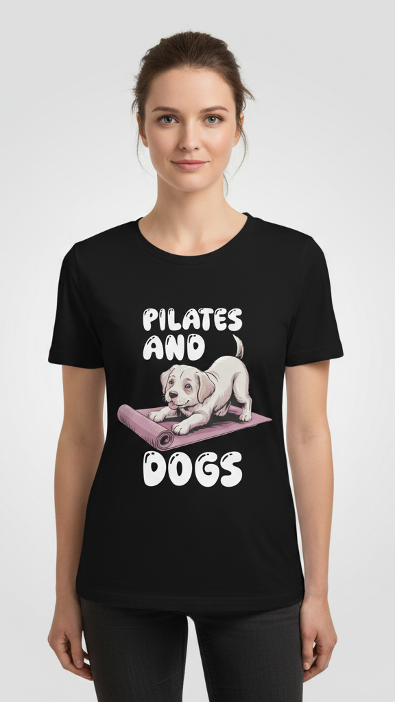 "Pilates And Dogs" Whimsical Puppy Graphic T-shirt