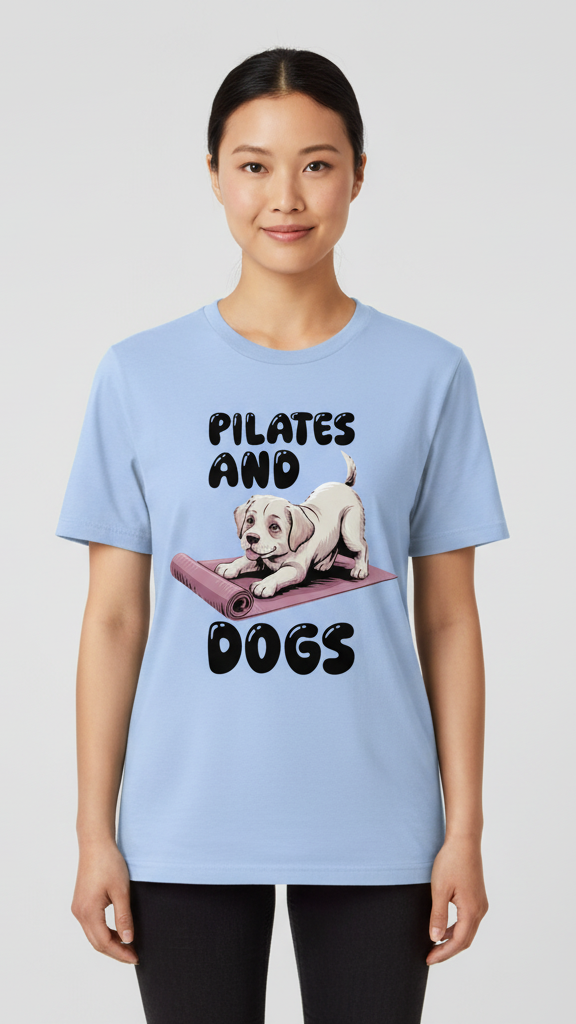 "Pilates And Dogs" Whimsical Puppy Graphic T-shirt